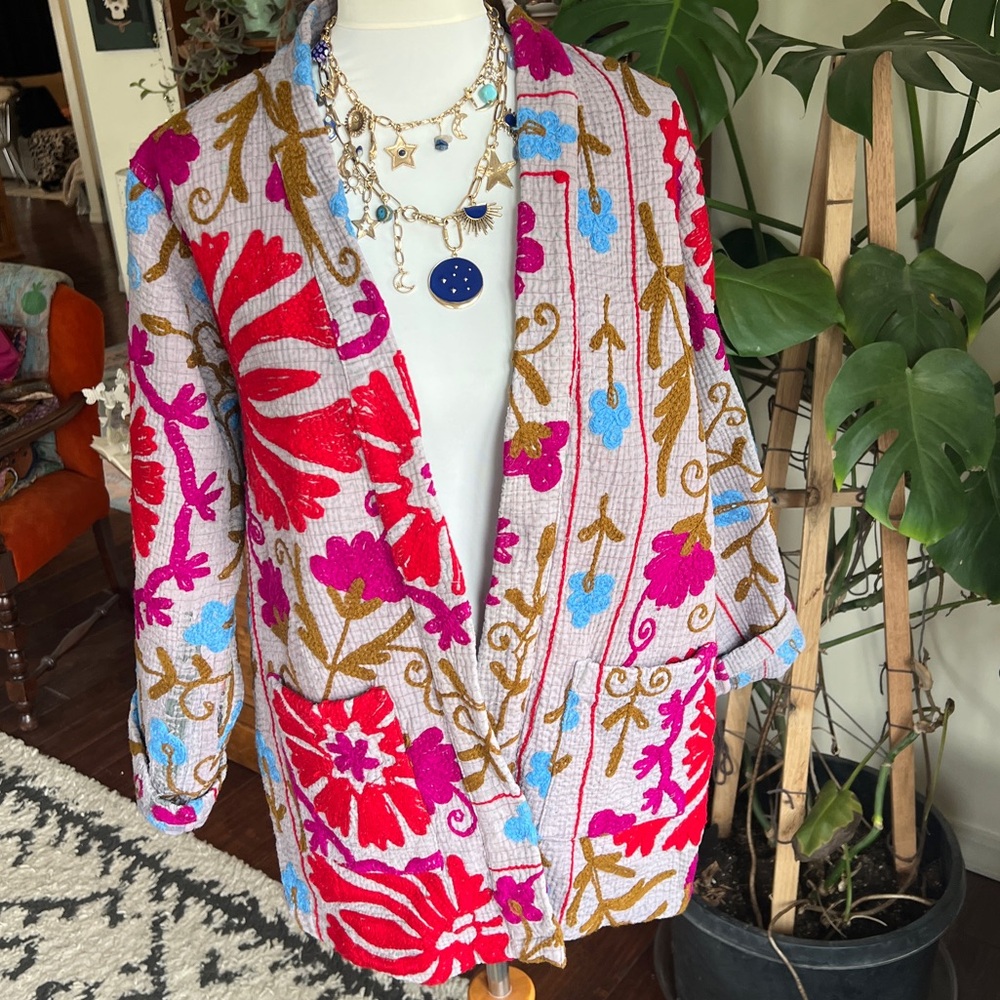 She’s1Oak Fine Kantha Suzani Embroidered Multicolor Short Jacket Kimono XS-L - Picture 3 of 16